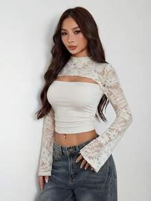 SHEIN PETITE Trang phục mùa thu gợi cảm và thanh lịch dành cho nữ: Áo thun dài tay ôm dáng khoét lỗ, phối ren màu đỏ rượu vang, trang phục mùa thu cho nữ, áo dự tiệc cho nữ, áo màu đỏ tía. - Màu be - Xem 12