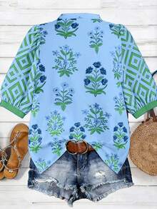 Linhara Plus Size Women's Vacation Puff Sleeve V-Neck Casual Holiday Printed Blouse, Spring/Summer Bohemian Style Vintage Tops - Blue - View 5