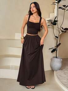 SHEIN PETITE Women's Summer Solid Color Pleated Square Neck Camisole And Mini Skirt 2 Pieces Set ,Petite Women - Brown - View 1