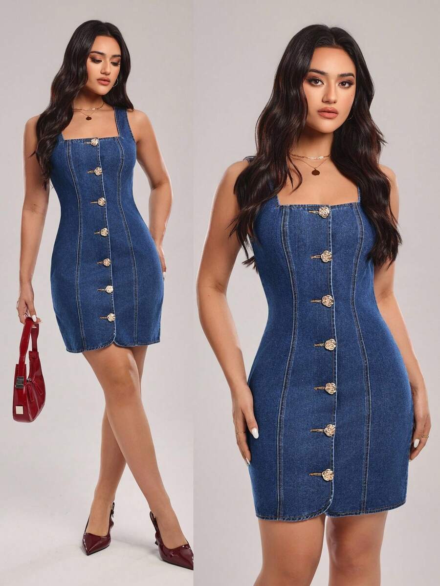 SHEIN Tall Women's Square Neck Floral Single-Breasted Sleeveless Fitted Denim Dress, Tall Women - Medium Wash - View 1