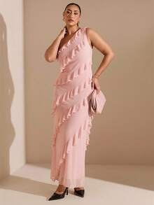 SHEIN BAE Plus Size Women Asymmetric Ruffle Hem Long Dress, Early Autumn - Baby Pink - View 6