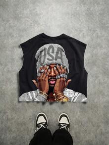 Torvinic Plus Size Boxy Cropped Loose Street Cartoon Funny Graffiti Gray Portrait Print Black Short Cropped Tank Top - Black - View 1