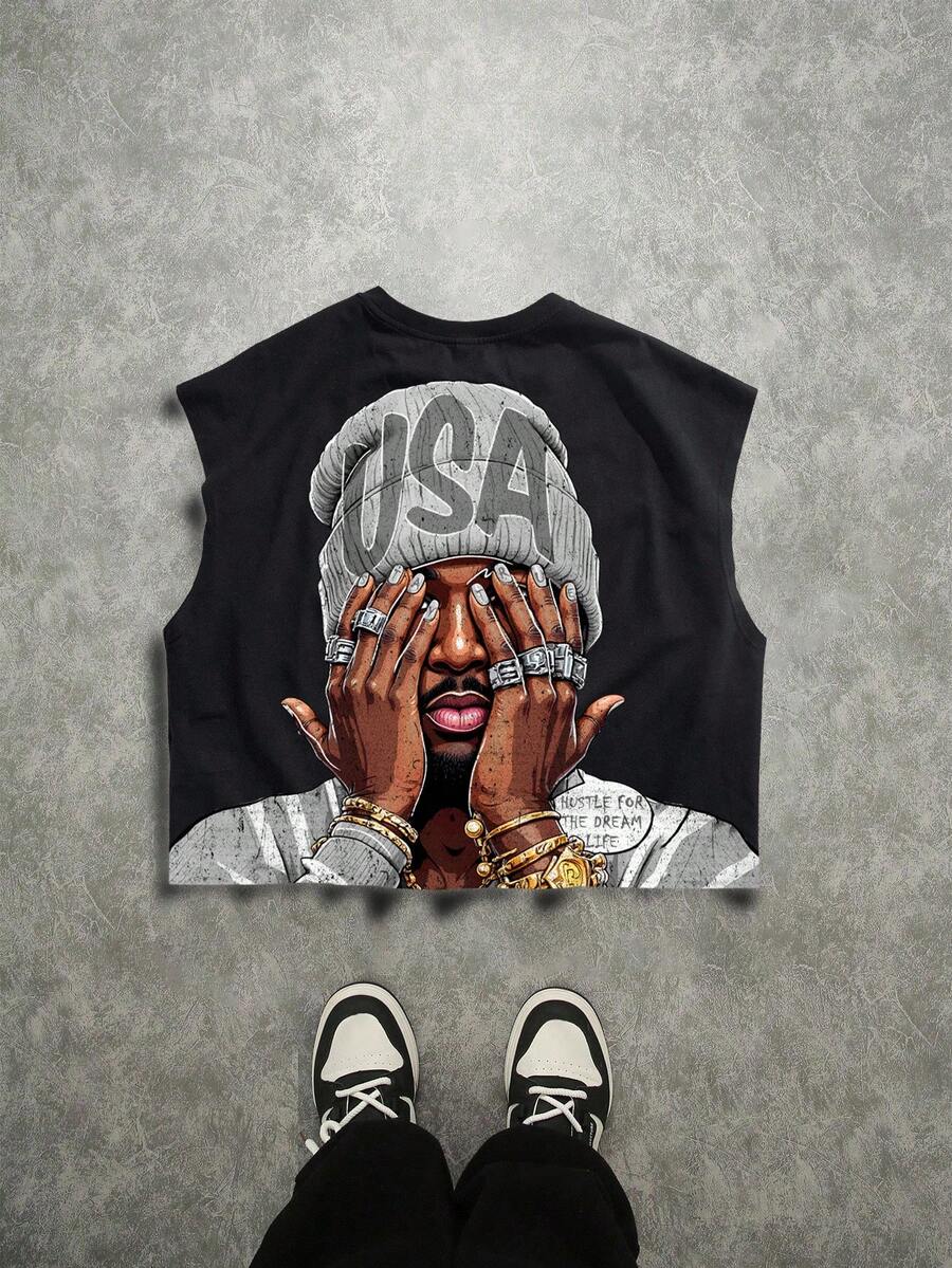 Torvinic Plus Size Boxy Cropped Loose Street Cartoon Funny Graffiti Gray Portrait Print Black Short Cropped Tank Top - Black - View 1