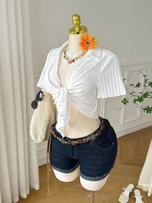 Comfortcana Maglietta a maniche corte con colletto polo e nodo frontale, in maglia a costine, taglie comode per l'estate - Bianco - Visualizzare 4