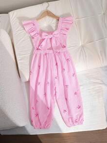 SHEIN 女童编织条纹蝴蝶结装饰荷叶边下摆休闲连体裤 - 粉色 - 查看 6