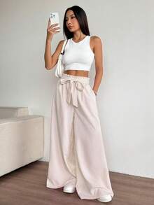 SHEIN PariChic 女士荷叶边腰带条纹阔腿裤 - 彩色 - 查看 3