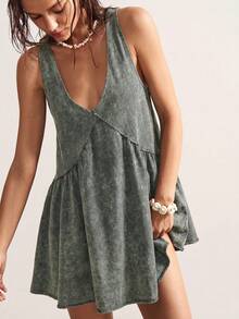 Vestido Corto Casual de Punto Holgado con Cuello en V de Color Sólido  para Mujer, Vestido de Vacaciones - Gris Oscuro - Ver 6