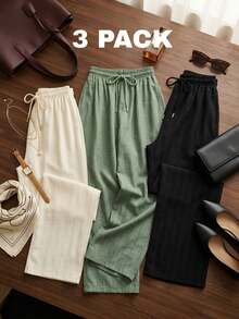 Set de 3 pantalones de pierna ancha para mujer, multicolor, elegantes y casuales. Tela de poliéster, apto para cualquier temporada, ajuste de cintura natural con resorte ligero y cordón ajustable. Sin bolsillos. Textura lisa sin estampados. Interior muy fresco, ligero y cómodo. Ideales para el uso diario. Te llegarán 3 pantalones en colores al azar. - Multicolor - Ver 8