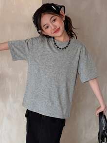 Dazy Kids 少女纯色圆领短袖T恤，简约百搭夏季款 - 灰色 - 查看 4