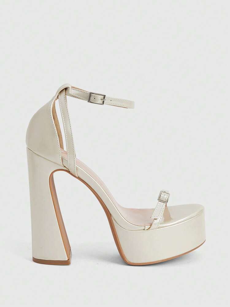 CUCCOO LuxiPop Spring And Summer New Design Thick Heel High Heel Elegant Temperament Simple Sexy Women Pearl White Pearlescent Mirror Pu Material Hollow Ankle Strap High Heels Dress Shoes Dating Afternoon Tea Party Valentine's Day Elegant Wear