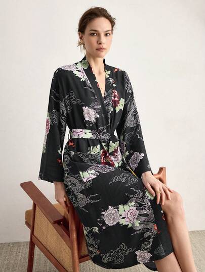 Ocili Áo choàng ngủ kiểu Trung Quốc thanh lịch với họa tiết hoa và rồng, chất liệu mềm mại, thoải mái, thích hợp cho nữ.