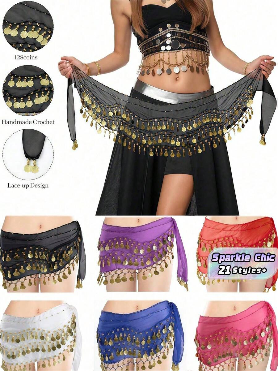 1pc Belly Dancer Hip Scarf, Sweet Belly Dance Skirt Wrapped With Coins, Egyptian Style Belly Dance Costume Hip Scarf Belt, Women Chiffon Belly Dance Scarf, Suitable For Yoga, Zumba, Belly Dance Costume Hip Scarf, Sequin Mini Skirt For Party