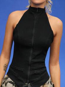 COUREZ Halter Neck Zip Up Denim Top /  Y2K Cotton Women Clothes Fall Tops Corset Top Black Top Y2K Autumn For Outfits Clubbing Outfits For Women Cute Tops - Black - View 8