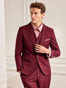 Officeau 3pcs/Set Men's Fashion Solid Color Slim Fit Stretch Business Suit, Containing Blazer Vest Pants, Work Formal Outfit - Burgundy - View 4