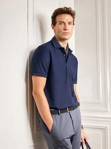 Officeau Polo décontracté d'été pour hommes, col rafraîchissant, style business, pour vacances, manches courtes, t-shirt - Bleu marine - Voir 6