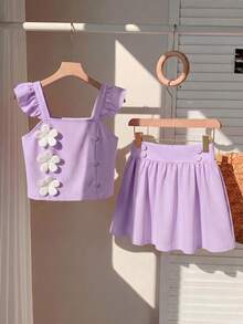 2pcs/Set Tween Girls Sweet Princess Style Solid Color Knit Vest & Shorts Set,Lavender Summer Cute Tea Party,3D Floral & Mushroom Button Flutter Sleeve - Lilac Purple - View 3