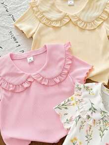 Elladie kids 3件裝少女休閒彼得潘領短袖T恤，彼得潘領花卉印花白色夏季校園風粉色黃色輕盈布料質感 - 彩色 - 查看 4