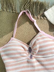 SHEIN Teen Girls' Pink & White Striped Textured Halter Tankini Top, Suitable For Swimming, Vacation, Beach Wear, Children's Swimsuit Set, Summer Holiday - Pink - View 5