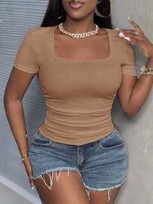 Slaydiva 97% Cotton Ribbed Casual Basic Summer Crew Neck Short Sleeve Fitted Side Ruched Ribbed Stretch Khaki Women T-Shirt,Summer Top - Khaki - View 4