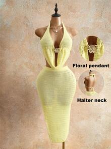 Mistrie Women's Pale Yellow Summer Casual Tropical Vacation Holiday Outfit, Halter Tie Backless Metal Decor Top Split Hem Skirt, Solid Color 2-Piece Set - Apricot - View 3