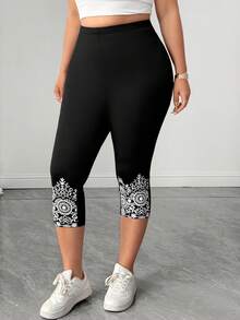SHEIN Tall CURVE 高挑 CURVE-D 加大码女式印花弹力腰休闲七分紧身裤 - 黑色 - 查看 5
