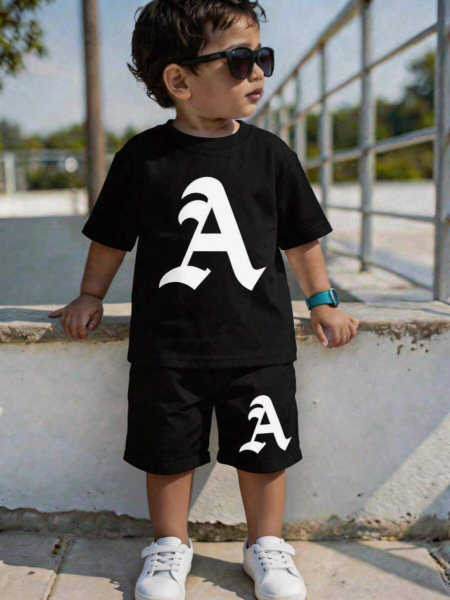 SHEIN 2pcs Young Boys Casual A-Letter Graphic Short Sleeve T-Shirt And Shorts Set, Suitable For Summer - Black - View 1