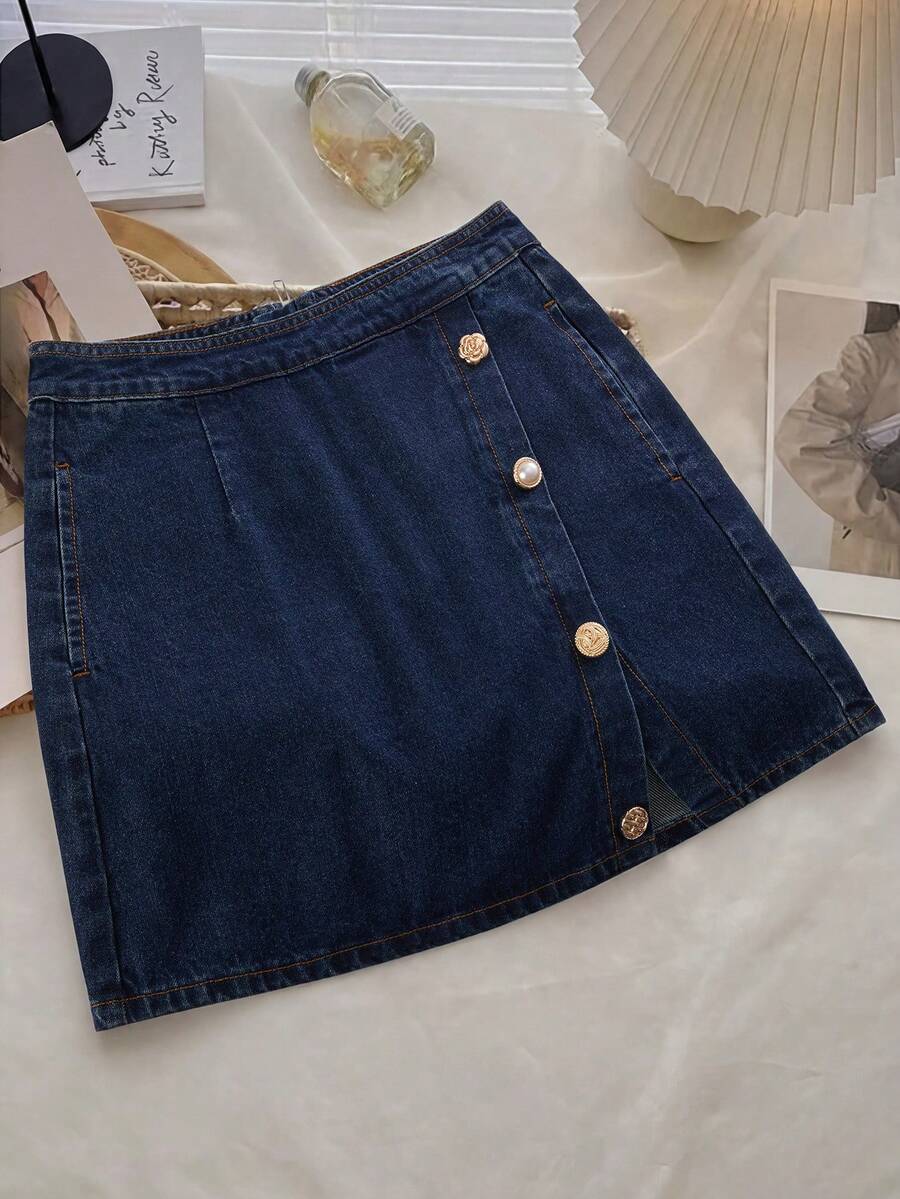 GlowEve Chân váy denim ngắn nữ họa tiết hoa, cúc kim loại, đa năng - Màu xanh lam - Xem 1
