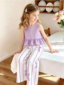SHEIN Elladie kids Young Girl Solid Color Ruffle Back Tank Top And Striped Pants Casual 2-Piece Set - Purple - View 6