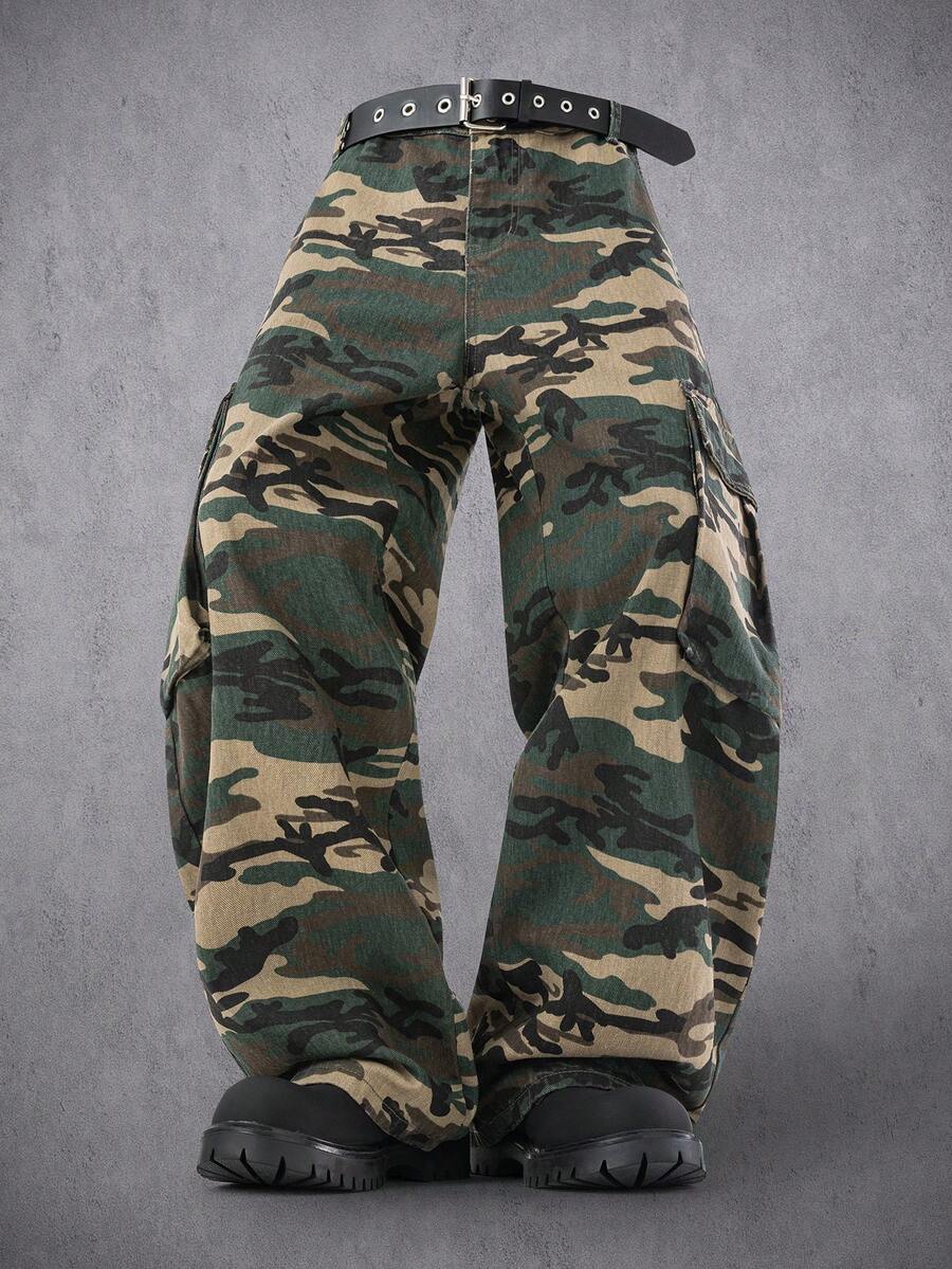 Manfinity Denimwave 男士休闲宽松迷彩印花工装牛仔裤 - 軍綠色 - 查看 1