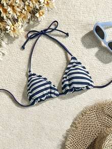 Swim Mod Women's Striped Print Halter Tie Front Bikini Top - Multicolor - View 3