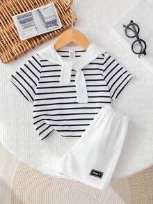 SHEIN Bộ 3 món cho bé trai/bé gái mùa hè, gồm áo tay ngắn kẻ sọc dễ thương, quần short cạp chun và khăn choàng, thích hợp cho tiệc sinh nhật, tiệc tối, biểu diễn, đám cưới, tiệc mừng em bé chào đời, lễ kỷ niệm sinh nhật lần thứ nhất. - Nhiều màu - Xem 4