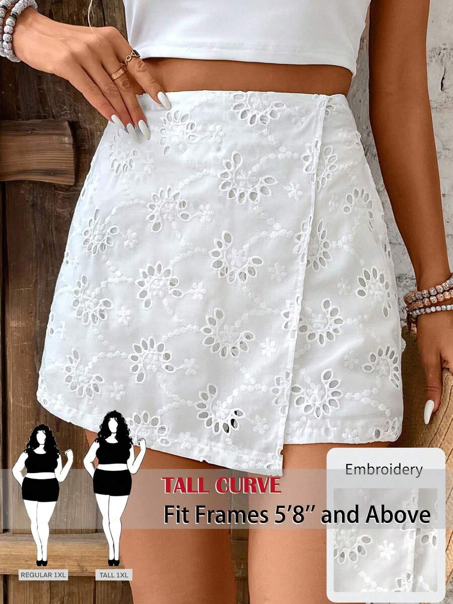 SHEIN Tall CURVE Quần short nữ cỡ lớn, màu trơn, họa tiết khoét rỗng, kiểu dáng quấn, màu trắng, thích hợp cho mùa hè. - trắng - Xem 1