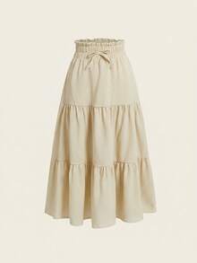 SHEIN Váy xếp ly kiểu dáng thanh lịch, thoải mái dành cho bé gái, có họa tiết nơ trang trí, viền bèo nhún, thích hợp đi học. - Màu be - Xem 1