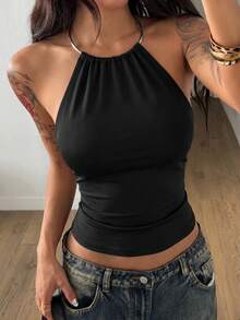 Coolane Women's Summer Sexy Chic Business Party Elegant Date Night Wedding Metal Chain Black Halter Tank Tops - Black - View 1