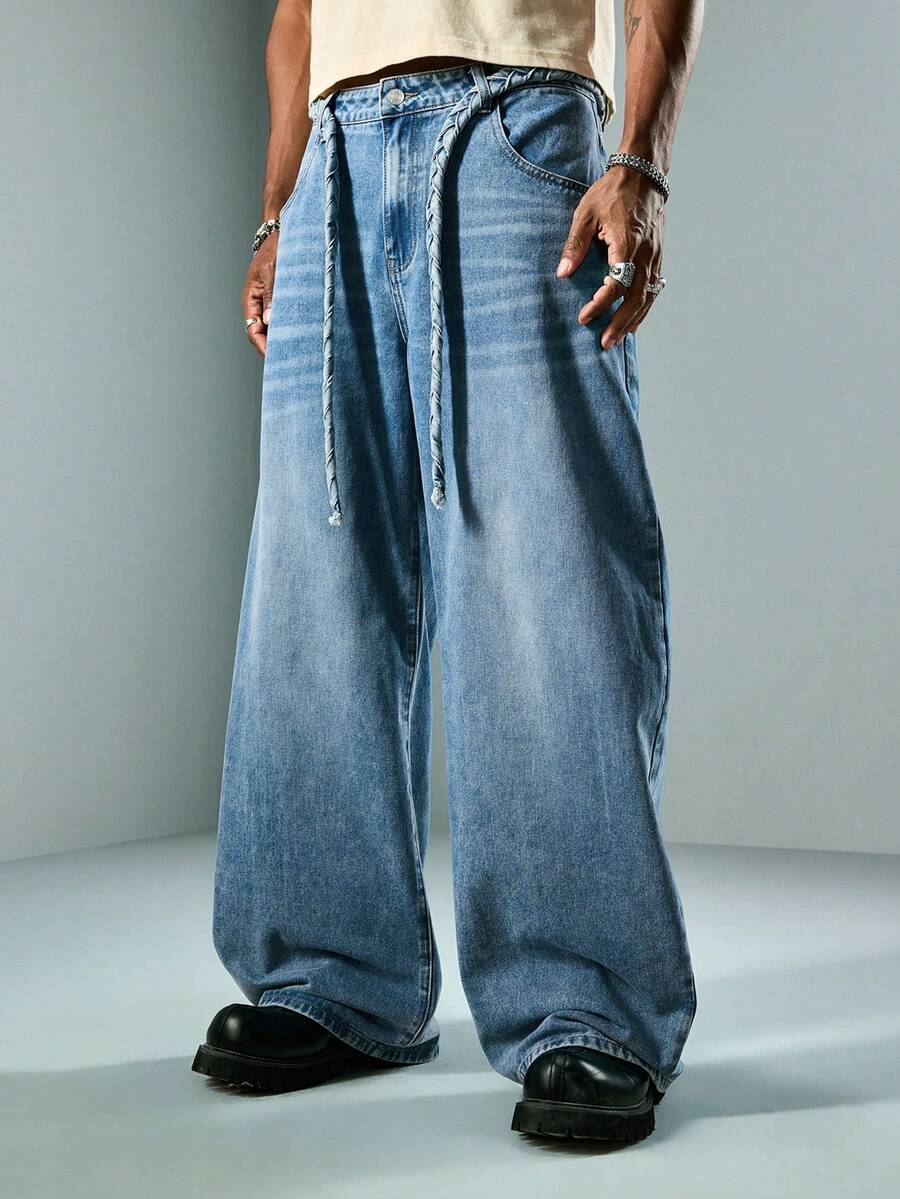 Street Life Quần jean denim xanh bạc màu rách rưới dành cho nam - Màu xanh lam - Xem 1