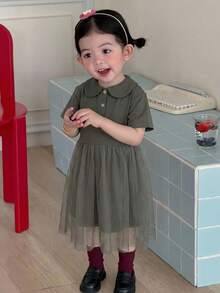 Dazy Kids Vestido casual de cuello redondo de malla y parches para niñas bebé de longitud media - Gris - Ver 2