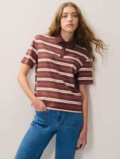 Nöista Women's Striped Patchwork Casual Versatile Daily Wear Short Sleeve T-Shirt