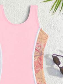 SHEIN 少女夏季度假拼接碎花无袖连体泳衣 - 淺粉色 - 查看 3