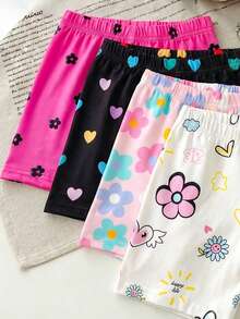 SHEIN Playful Pals 4件装女童休闲百搭柔软可爱碎花、小碎花、爱心太阳印花短裤，性价比高，适合春夏休闲穿搭，多色甜美可爱印花短裤，春夏或四季皆宜的百搭基础款短裤 - 彩色 - 查看 4