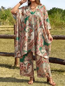 EMERY ROSE Completo casual da donna taglie forti, composto da top lungo con scollo a V e stampa all-over e pantaloni, 2 pezzi - Verde - Visualizzare 5