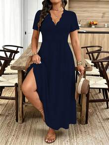 Breezaya Đầm dài công sở thời trang cổ lượn sóng dành cho nữ cỡ lớn - Màu xanh hải quân - Xem 6