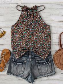 SHEIN LUNE Plus Size Summer Ditsy Floral Casual Versatile Halter Neck Camisole - Multicolor - View 2