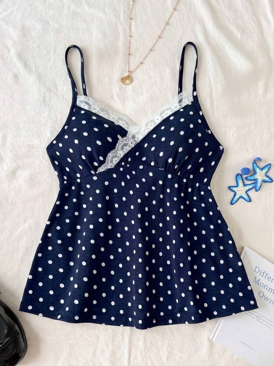 Tween Girl Navy Blue & White Polka Dot Contrast Lace Camisole - Navy Blue - View 1