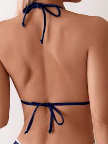 Swim Basics 女士夏季度假沙滩碎花饰边挂脖泳衣上装 - 藏蓝色 - 查看 2
