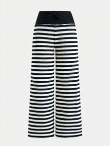 SHEIN 少女夏季休闲度假针织条纹撞色腰部宽松裤 - 黑與白 - 查看 3