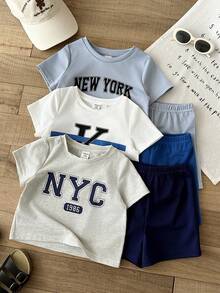 6pcs/Set Baby Boys Casual Loose Letter Print Round Neck T-Shirt And Shorts Set,Suitable For Commuting,School,Daily Sports,Spring/Summer,Vacation - Multicolor - View 4