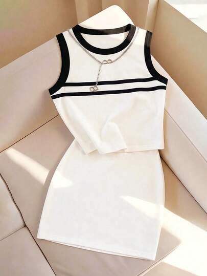 Everyssa Women's 2-Piece Set, New Spring/Summer Fashion, Sleeveless Striped Tank Top And Mini Bodycon Skirt, Elegant And Stylish, Suitable For Daily Commute, Home, And Outings