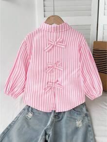 SHEIN Kids/Young Girls' Fashion Pink Striped Butterfly Decor Lantern Sleeve Shirt,White,Summer,School Back To School Casual Preppy Style Blouse - Pink - View 7