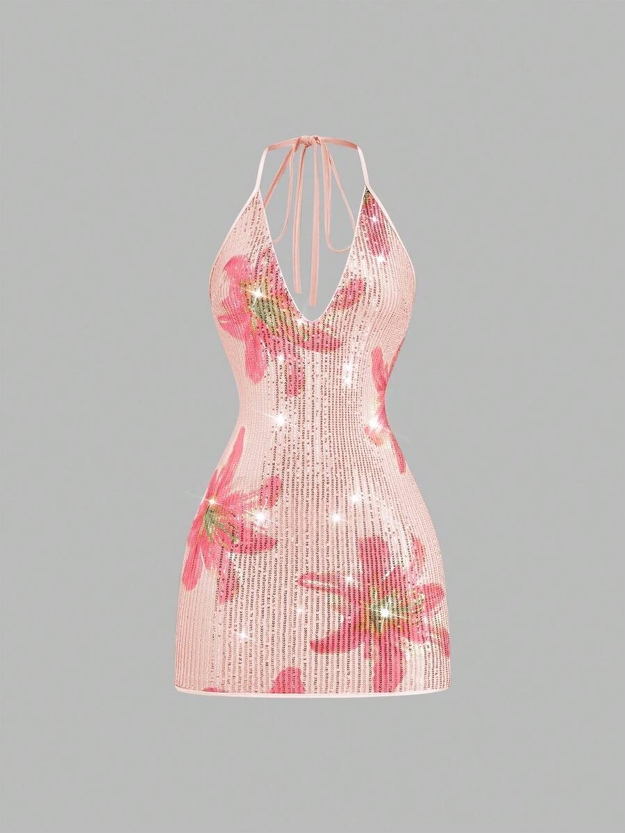 Sweetra Đầm mini dáng rộng, thanh lịch và lãng mạn dành cho nữ, cổ chữ V, hở lưng, đính ren, họa tiết hoa, lấp lánh, thích hợp cho kỳ nghỉ, tiệc tùng, họp mặt, đầm xuân, đầm hè, đầm lễ hội, trang phục lễ hội, ngày lễ, mùa tựu trường, tiệc tựu trường, trang phục đi xem hòa nhạc, mùa xuân hè và lễ hội âm nhạc/tiệc Coachella. - Hồng - Xem 1