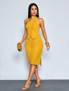 PETITE Elegante y estiloso conjunto de dos piezas para mujeres en primavera y verano, adecuado para ir al trabajo, uso diario, ocasiones casuales, fiestas, fiestas de cumpleaños, Acción de Gracias y vuelta al colegio.Presenta un escote asimétrico, top sin mangas de cuello halter con botones y pantalones capri con cremallera.El detalle del cuello halter agrega un toque de estilo casual de vacaciones.Traje de primavera. - Amarillo - Ver 7